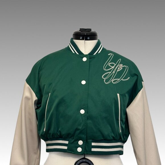 FOREVER 21 Jacket Cropped Varsity Letterman Baseball Bomber Sports Green Ivory S - Picture 3 of 15